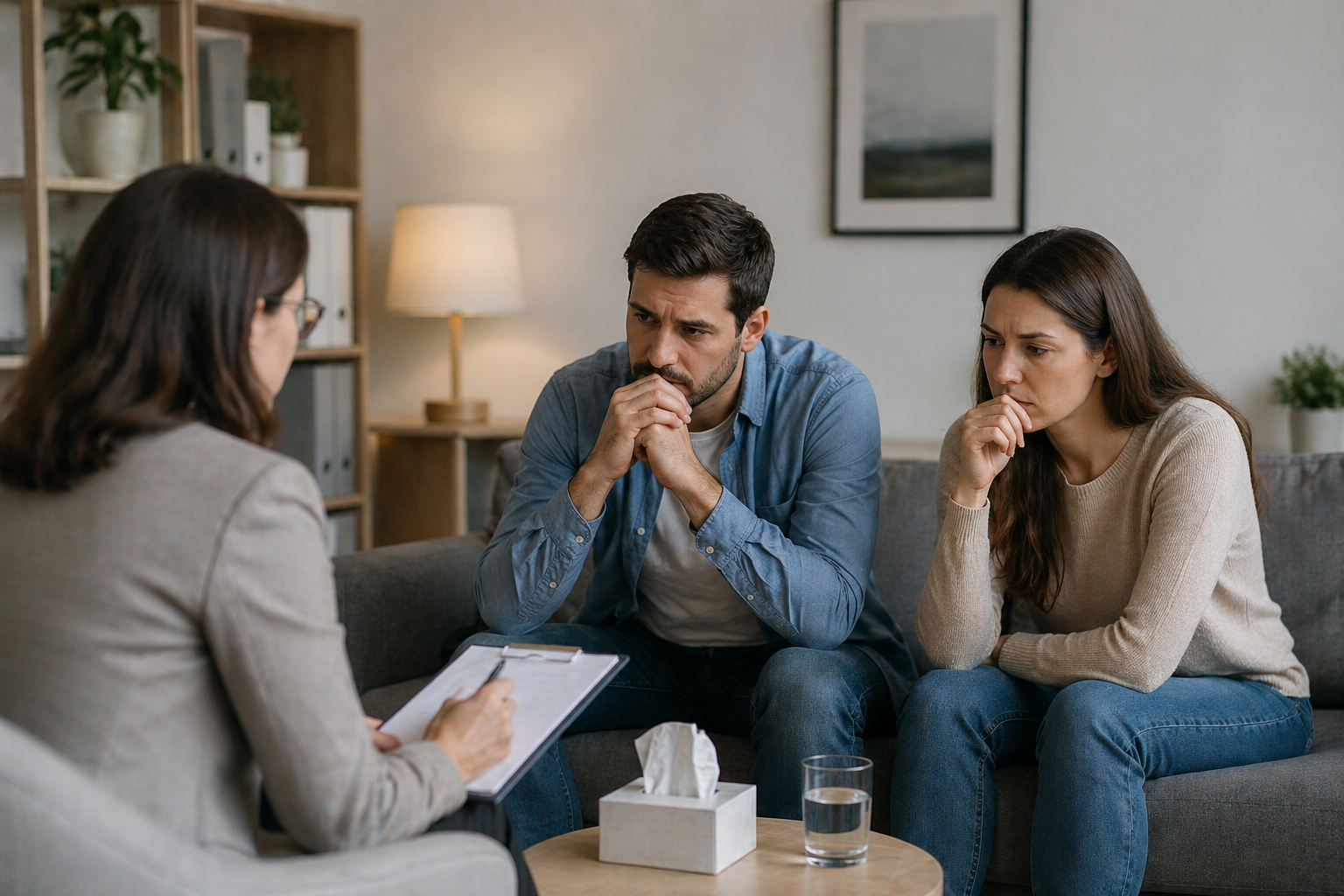 A family sitting together on a sofa, looking thoughtful but calm